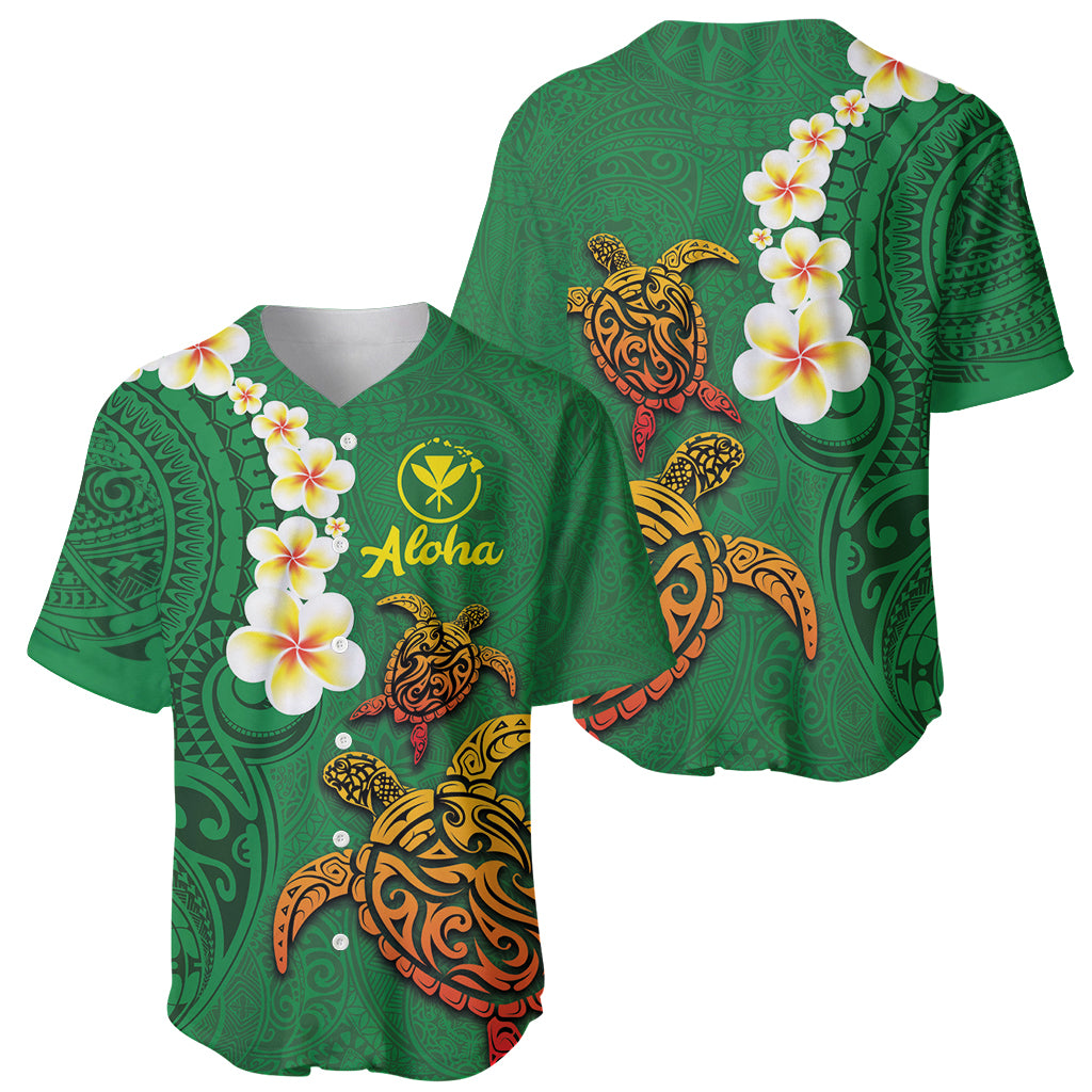 Hawaii Turtle Plumeria Flower Baseball Jersey Polynesian Pattern Green Color LT03 - Polynesian Pride