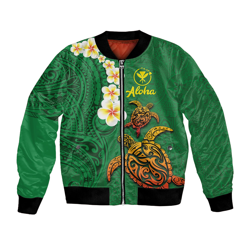 Hawaii Turtle Plumeria Flower Bomber Jacket Polynesian Pattern Green Color