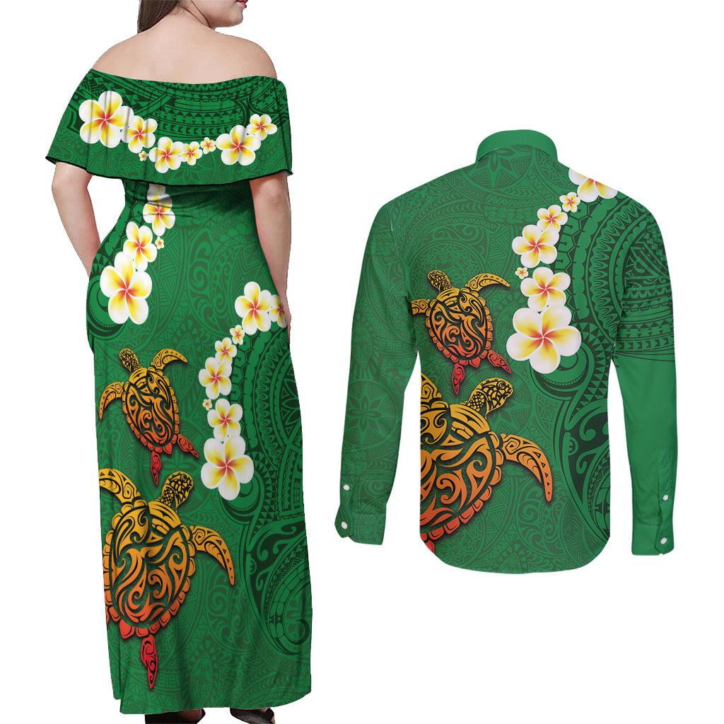 Hawaii Turtle Plumeria Flower Couples Matching Off Shoulder Maxi Dress and Long Sleeve Button Shirt Polynesian Pattern Green Color