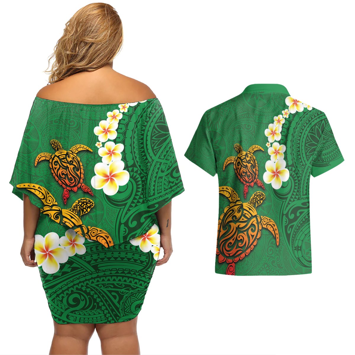 Hawaii Turtle Plumeria Flower Couples Matching Off Shoulder Short Dress and Hawaiian Shirt Polynesian Pattern Green Color LT03 - Polynesian Pride