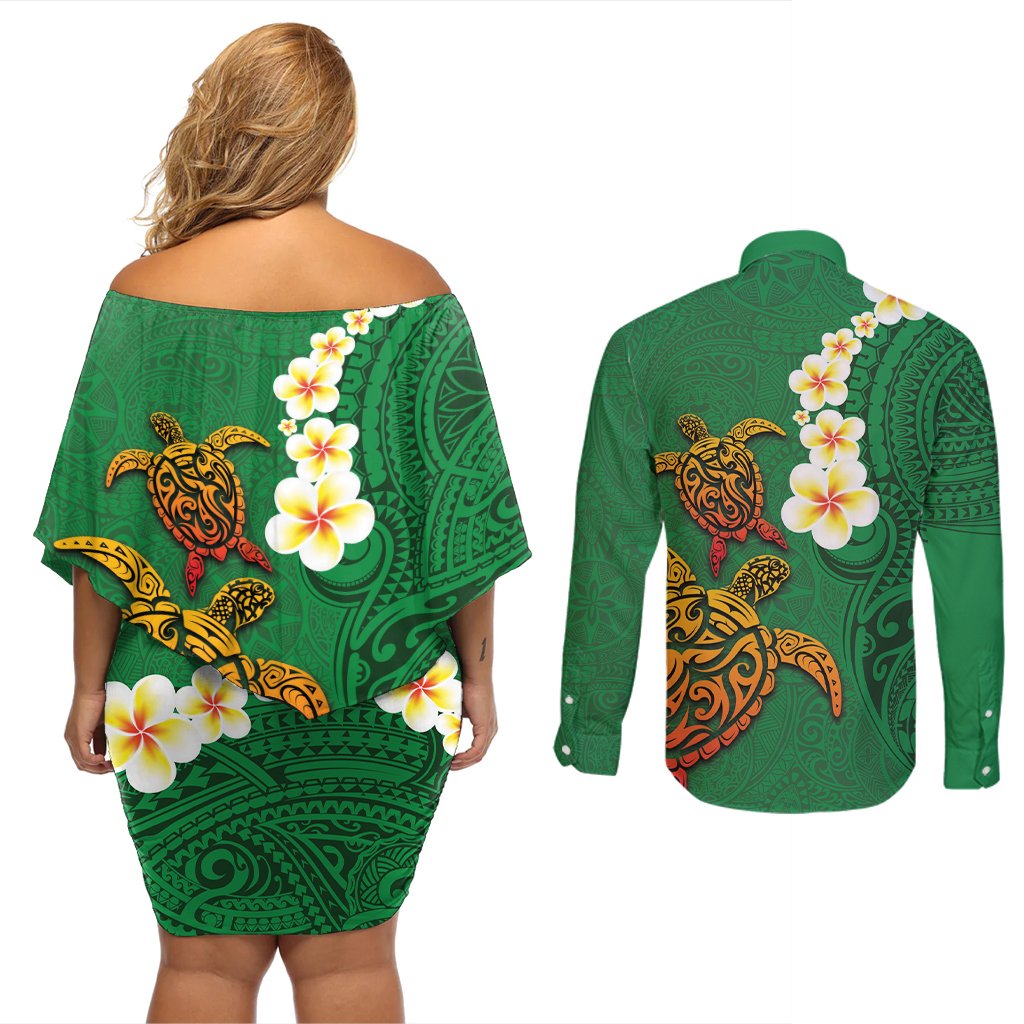 Hawaii Turtle Plumeria Flower Couples Matching Off Shoulder Short Dress and Long Sleeve Button Shirt Polynesian Pattern Green Color