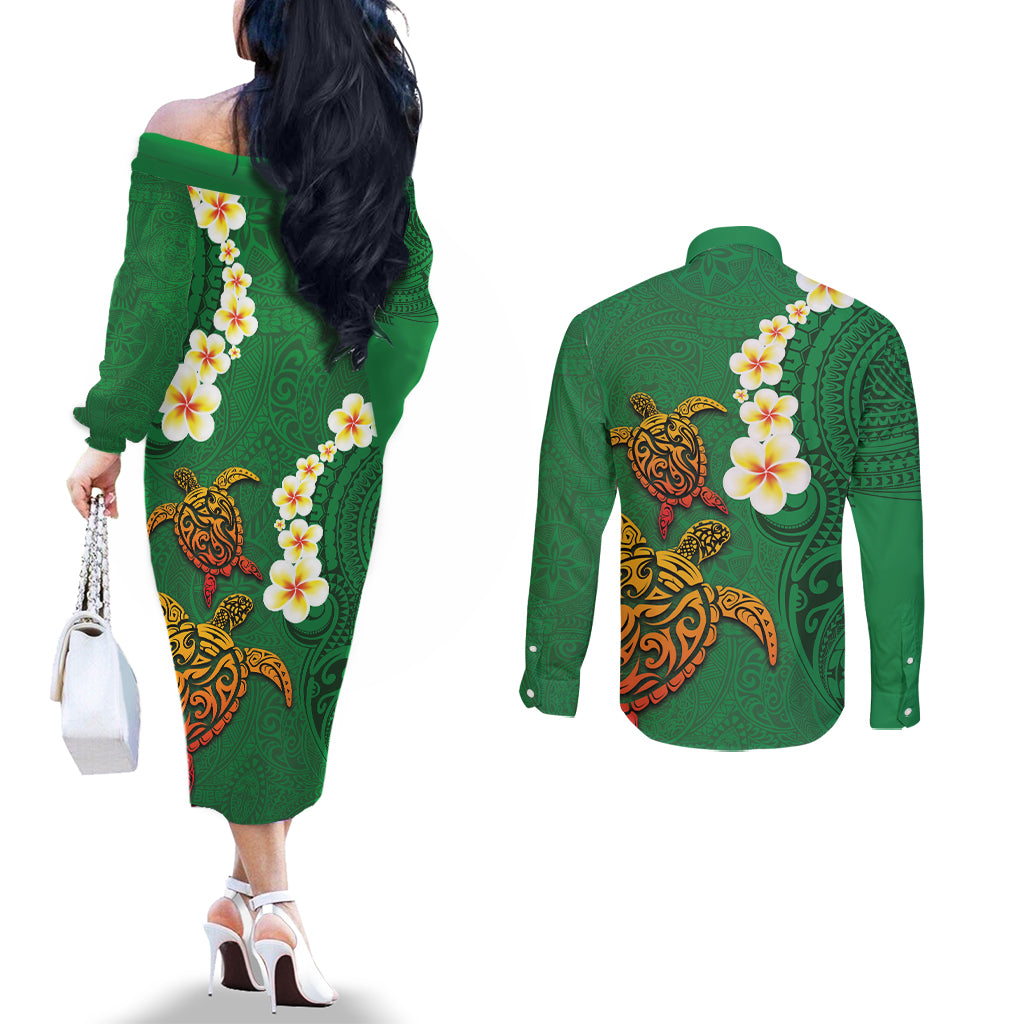 Hawaii Turtle Plumeria Flower Couples Matching Off The Shoulder Long Sleeve Dress and Long Sleeve Button Shirt Polynesian Pattern Green Color LT03 - Polynesian Pride