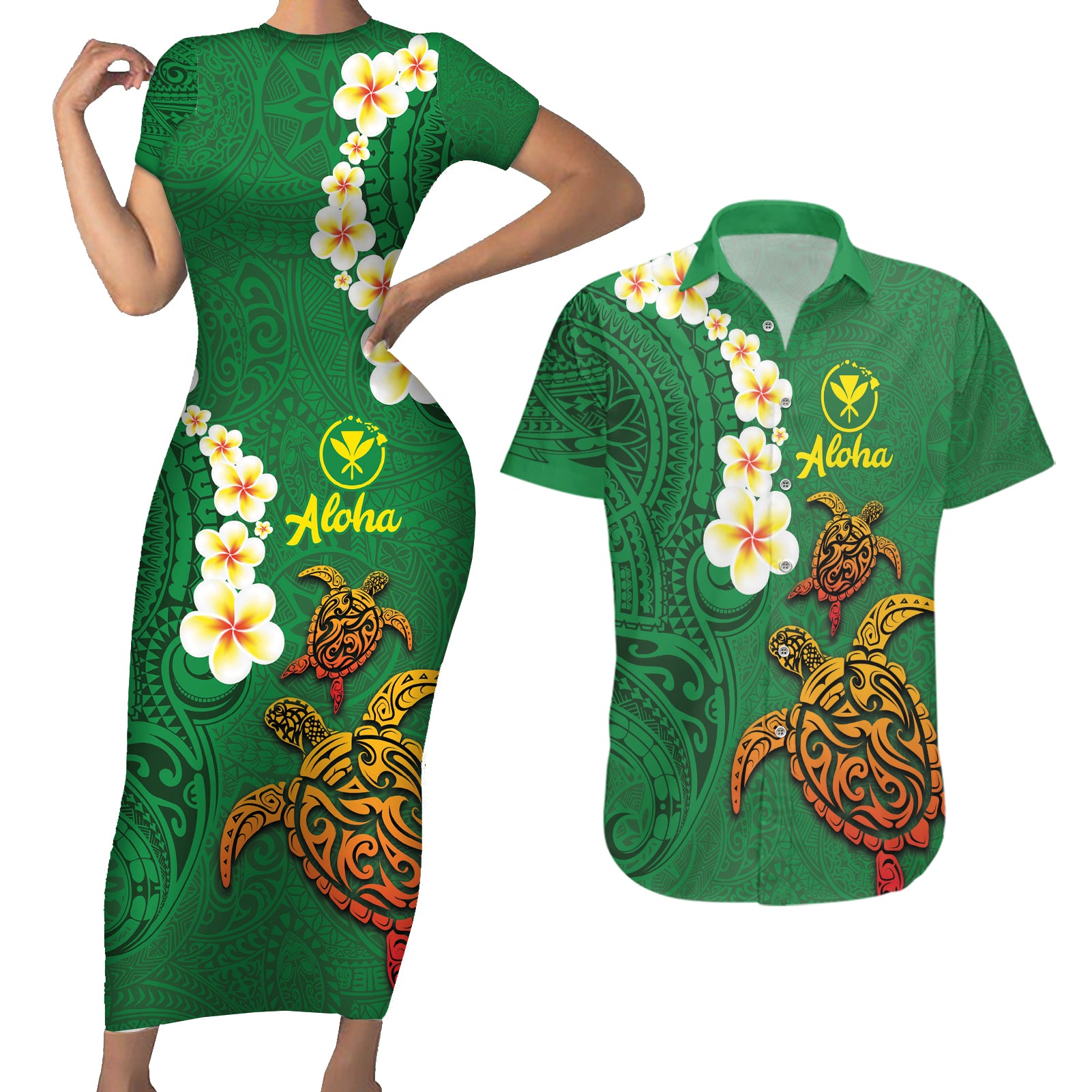 Hawaii Turtle Plumeria Flower Couples Matching Short Sleeve Bodycon Dress and Hawaiian Shirt Polynesian Pattern Green Color