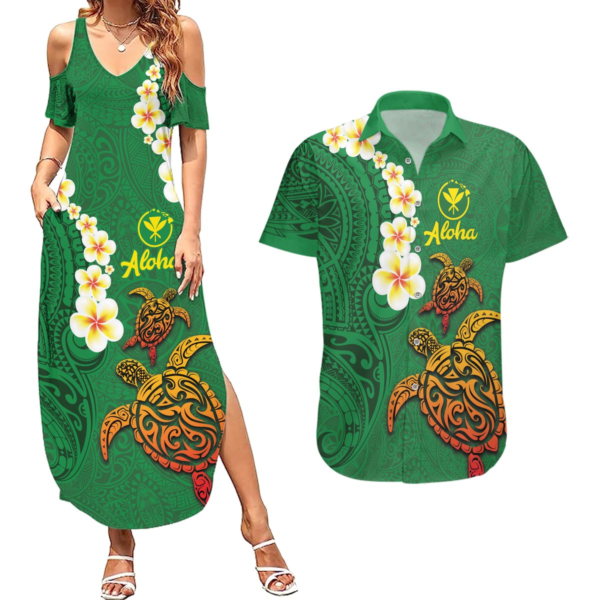 Hawaii Turtle Plumeria Flower Couples Matching Summer Maxi Dress and Hawaiian Shirt Polynesian Pattern Green Color LT03 Green - Polynesian Pride