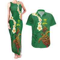 Hawaii Turtle Plumeria Flower Couples Matching Tank Maxi Dress and Hawaiian Shirt Polynesian Pattern Green Color LT03 Green - Polynesian Pride