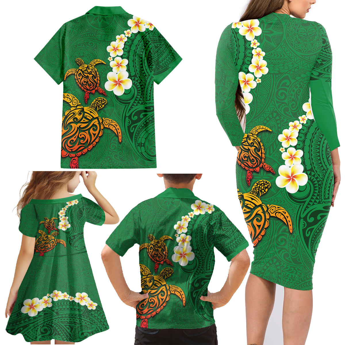 Hawaii Turtle Plumeria Flower Family Matching Long Sleeve Bodycon Dress and Hawaiian Shirt Polynesian Pattern Green Color LT03 - Polynesian Pride