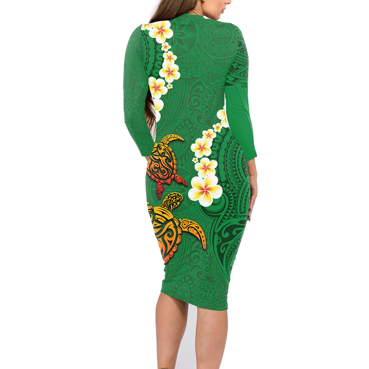 Hawaii Turtle Plumeria Flower Family Matching Long Sleeve Bodycon Dress and Hawaiian Shirt Polynesian Pattern Green Color LT03 - Polynesian Pride