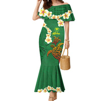 Hawaii Turtle Plumeria Flower Family Matching Mermaid Dress and Hawaiian Shirt Polynesian Pattern Green Color LT03 Mom's Dress Green - Polynesian Pride