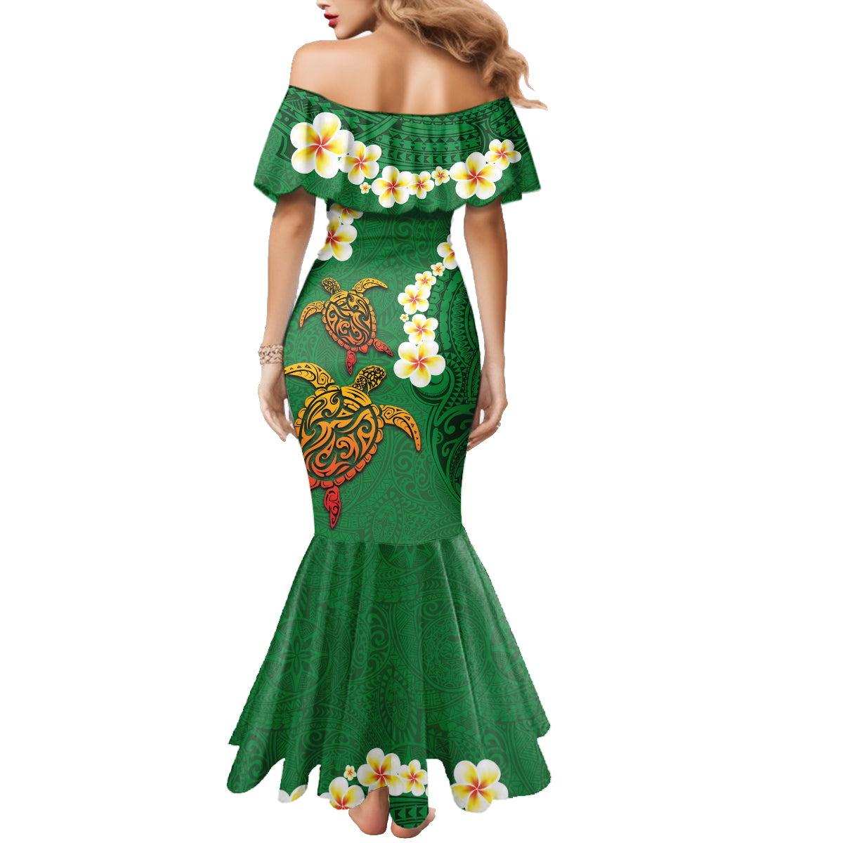 Hawaii Turtle Plumeria Flower Family Matching Mermaid Dress and Hawaiian Shirt Polynesian Pattern Green Color LT03 - Polynesian Pride