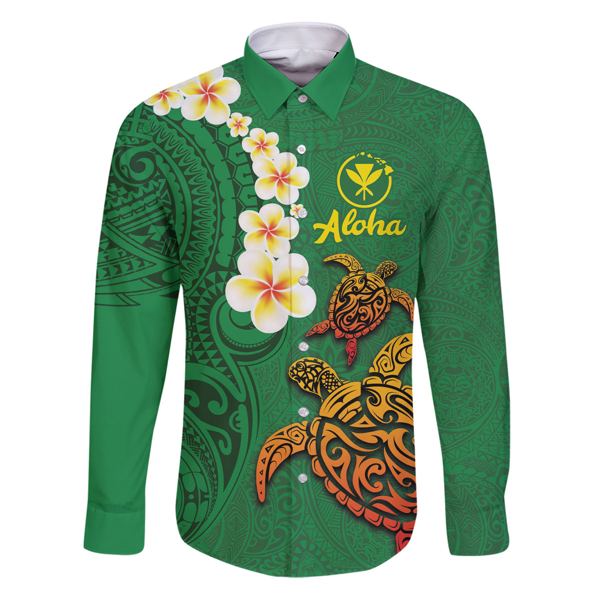 Hawaii Turtle Plumeria Flower Family Matching Puletasi and Hawaiian Shirt Polynesian Pattern Green Color LT03 Dad's Shirt - Long Sleeve Green - Polynesian Pride