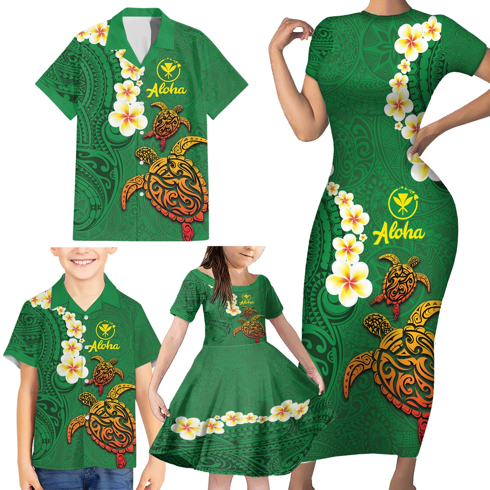 Hawaii Turtle Plumeria Flower Family Matching Short Sleeve Bodycon Dress and Hawaiian Shirt Polynesian Pattern Green Color LT03 - Polynesian Pride