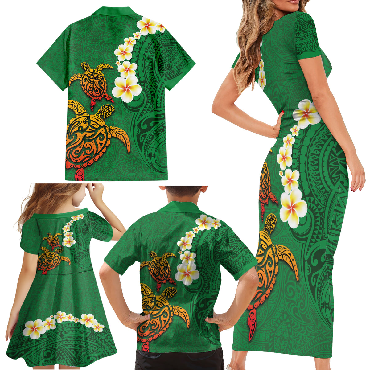 Hawaii Turtle Plumeria Flower Family Matching Short Sleeve Bodycon Dress and Hawaiian Shirt Polynesian Pattern Green Color LT03 - Polynesian Pride