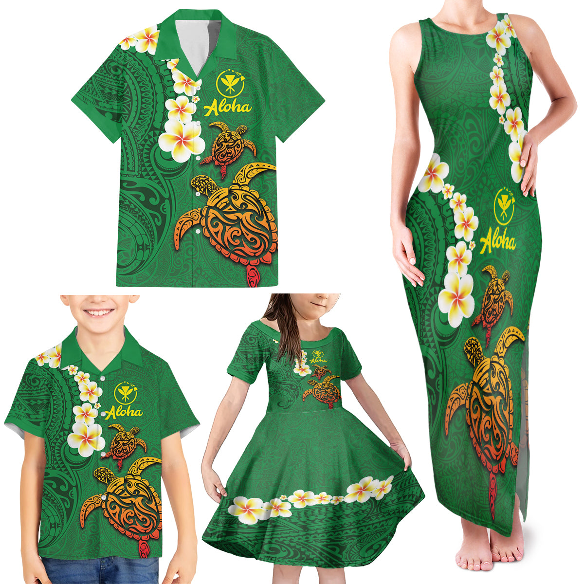 Hawaii Turtle Plumeria Flower Family Matching Tank Maxi Dress and Hawaiian Shirt Polynesian Pattern Green Color LT03 - Polynesian Pride