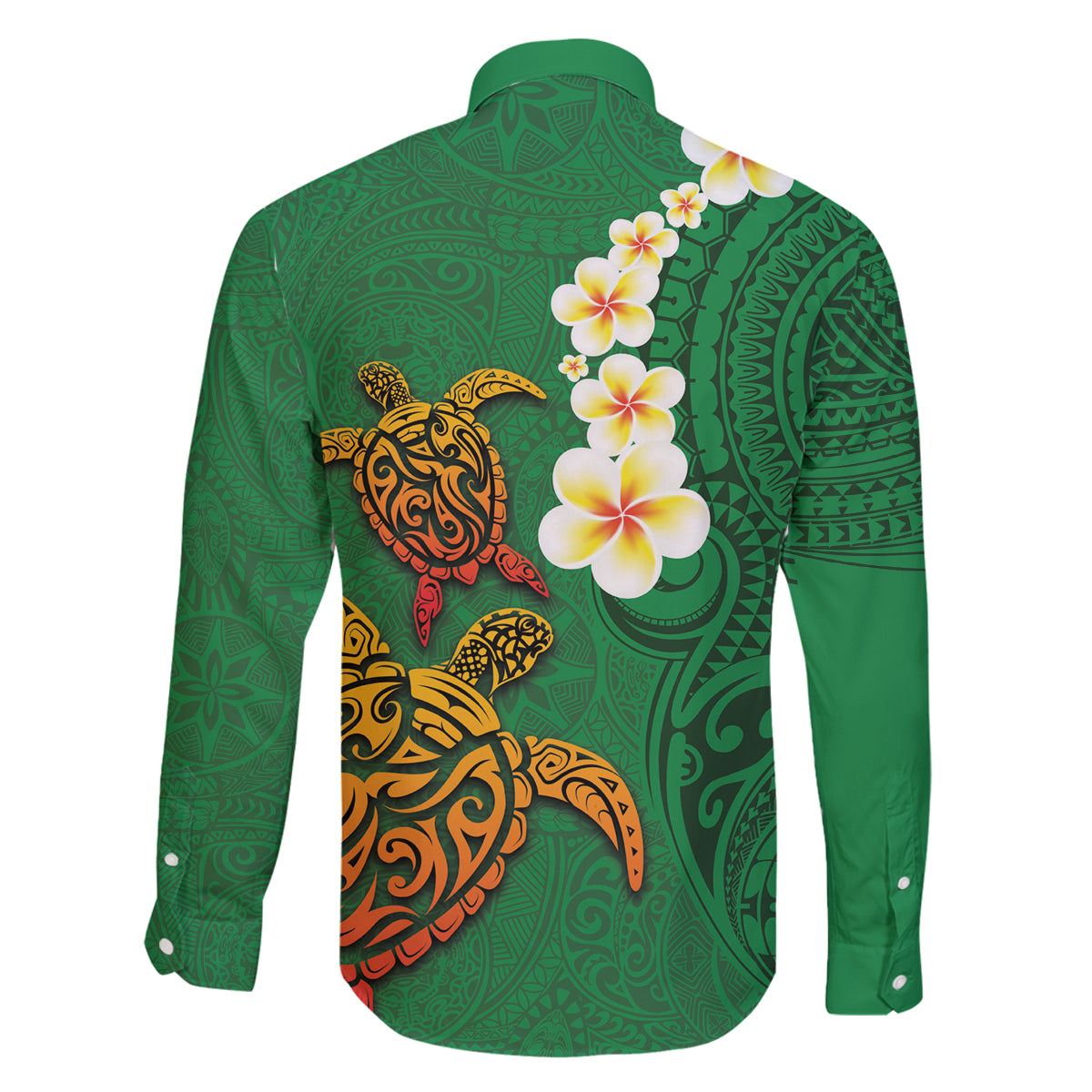 Hawaii Turtle Plumeria Flower Family Matching Tank Maxi Dress and Hawaiian Shirt Polynesian Pattern Green Color