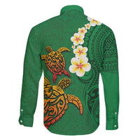 Hawaii Turtle Plumeria Flower Family Matching Tank Maxi Dress and Hawaiian Shirt Polynesian Pattern Green Color