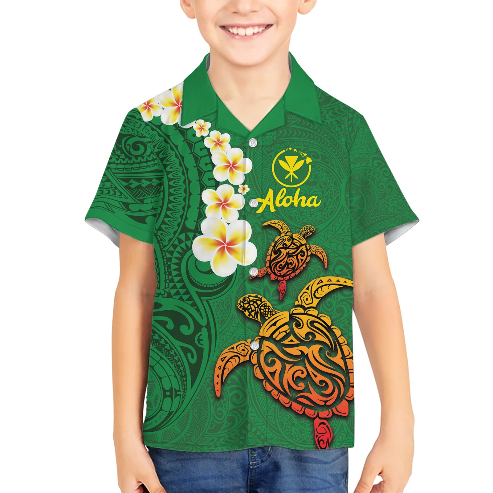 Hawaii Turtle Plumeria Flower Kid Hawaiian Shirt Polynesian Pattern Green Color LT03 Kid Green - Polynesian Pride