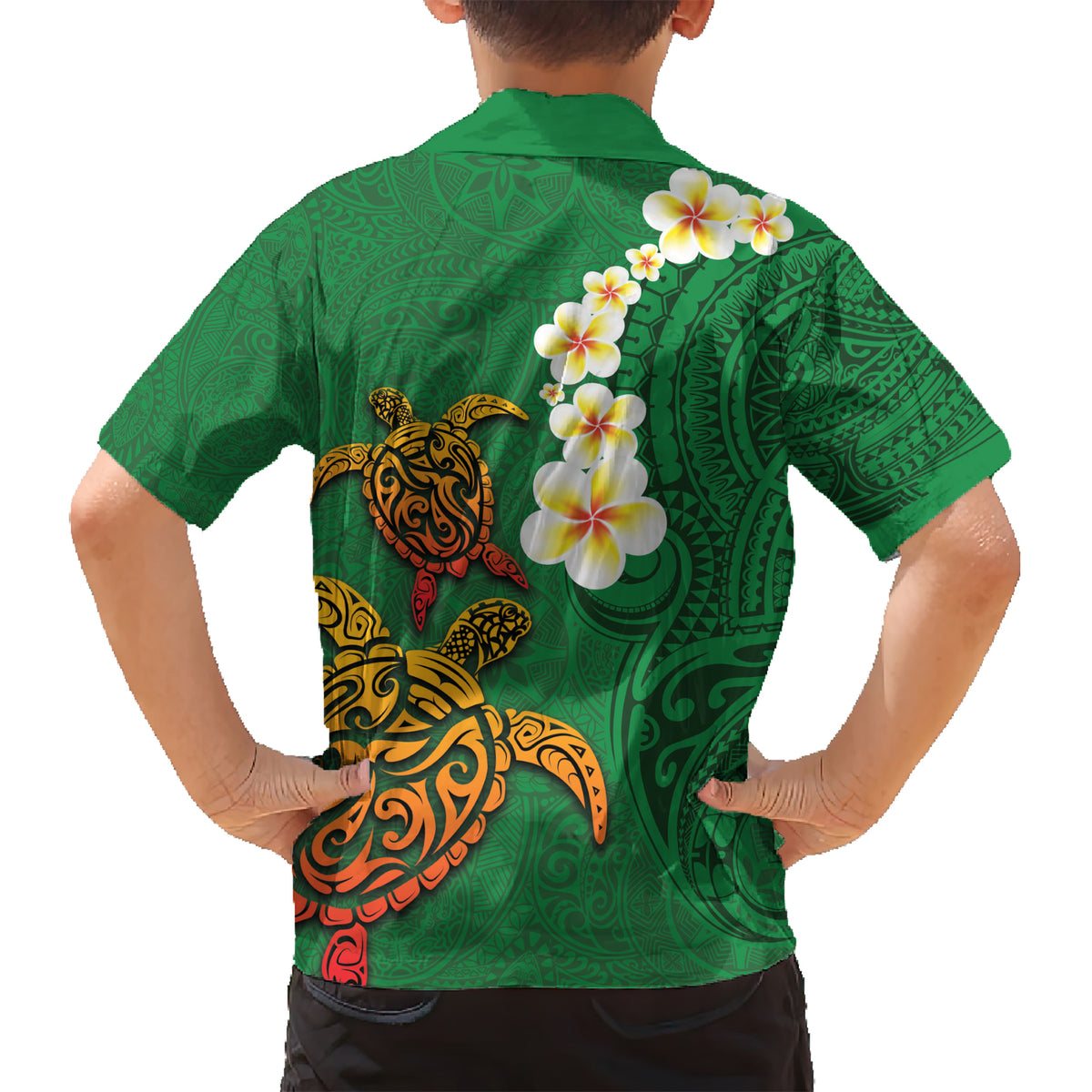 Hawaii Turtle Plumeria Flower Kid Hawaiian Shirt Polynesian Pattern Green Color