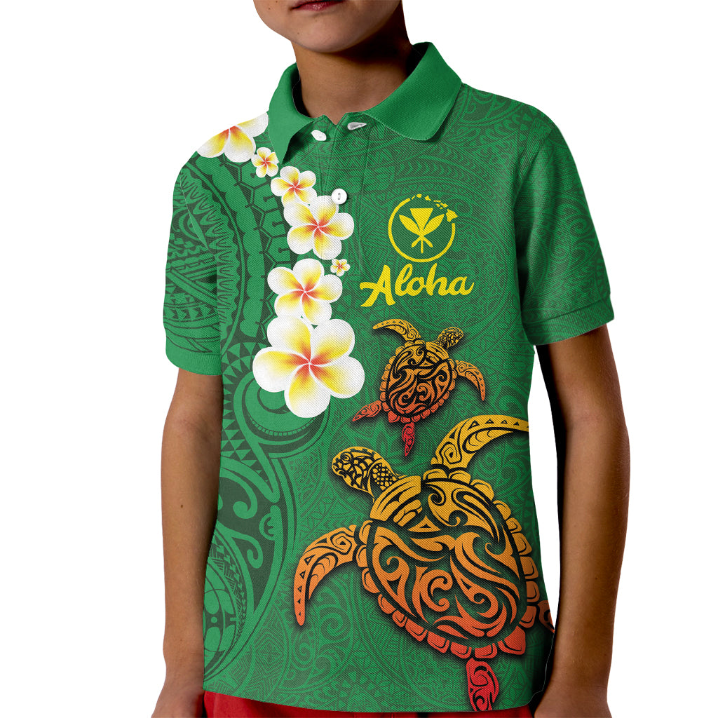 Hawaii Turtle Plumeria Flower Kid Polo Shirt Polynesian Pattern Green Color