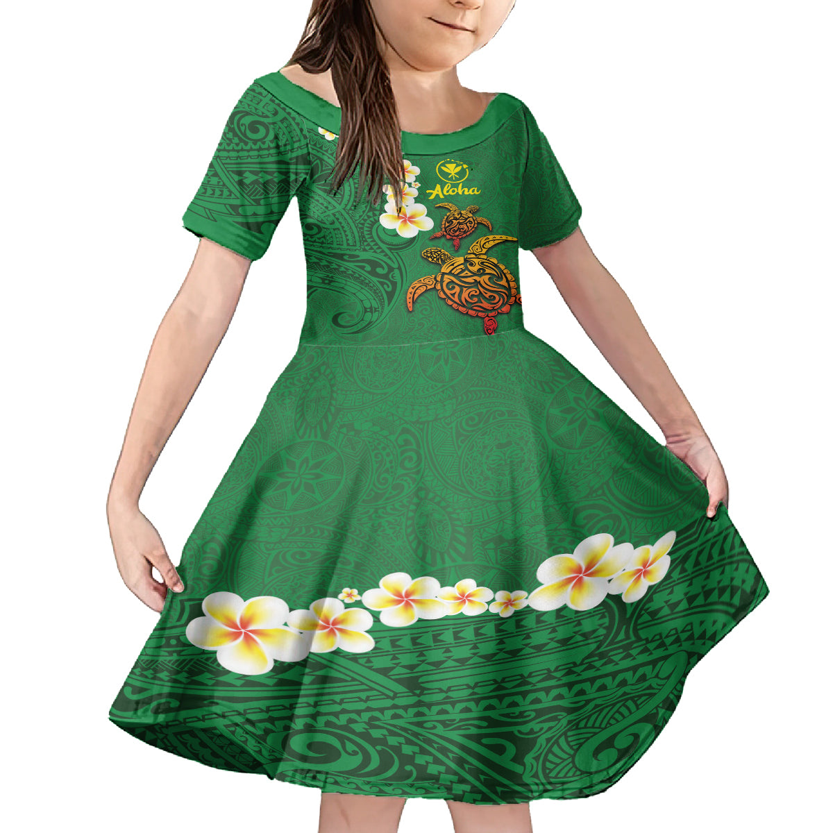 Hawaii Turtle Plumeria Flower Kid Short Sleeve Dress Polynesian Pattern Green Color