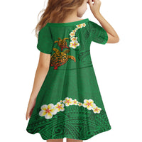 Hawaii Turtle Plumeria Flower Kid Short Sleeve Dress Polynesian Pattern Green Color