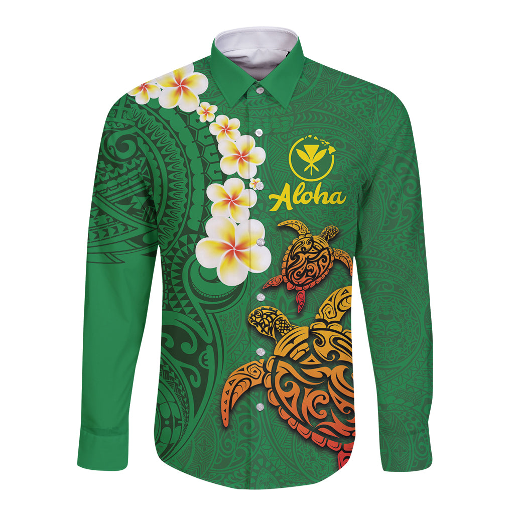 Hawaii Turtle Plumeria Flower Long Sleeve Button Shirt Polynesian Pattern Green Color