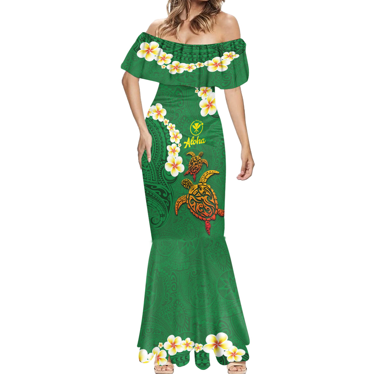 Hawaii Turtle Plumeria Flower Mermaid Dress Polynesian Pattern Green Color
