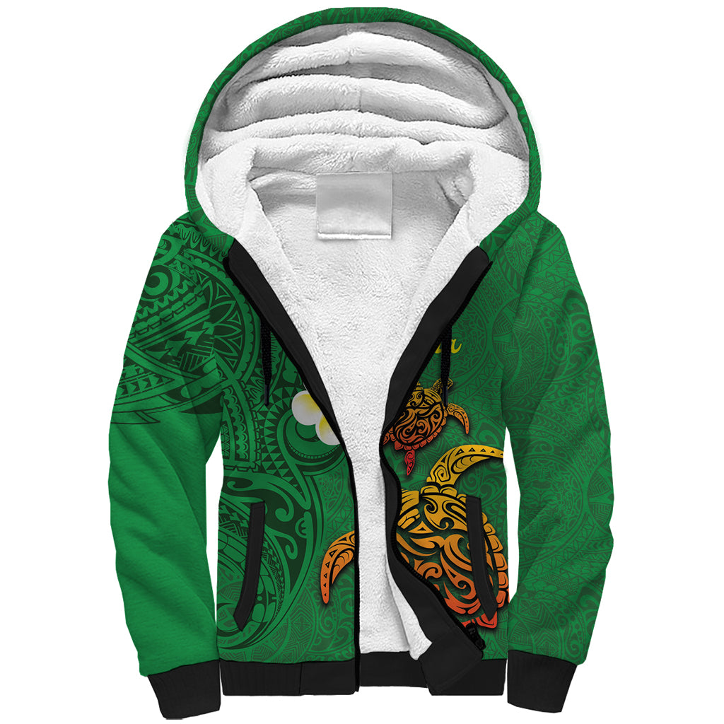 Hawaii Turtle Plumeria Flower Sherpa Hoodie Polynesian Pattern Green Color