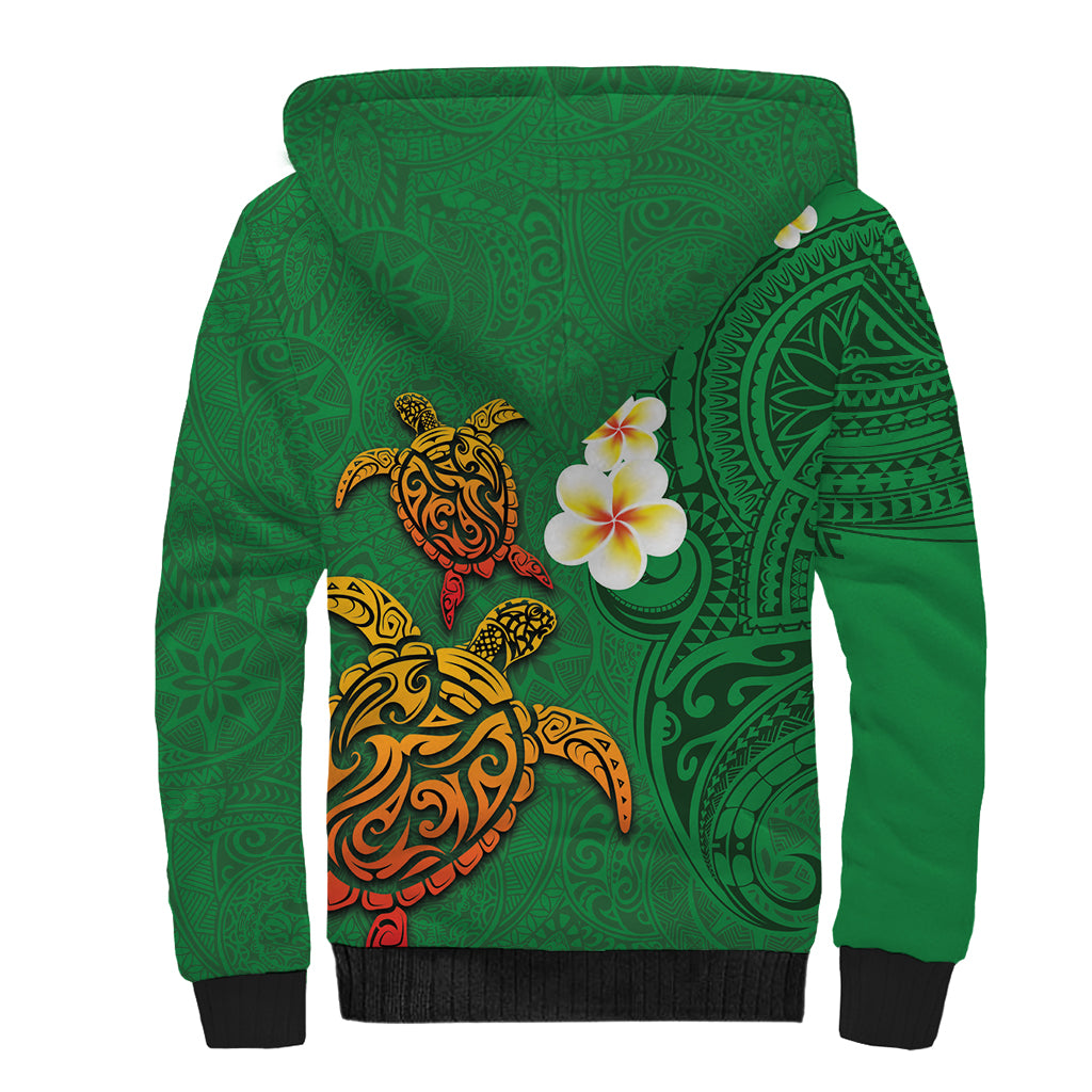 Hawaii Turtle Plumeria Flower Sherpa Hoodie Polynesian Pattern Green Color