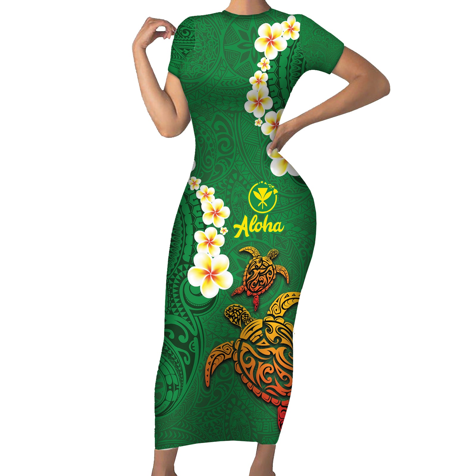 Hawaii Turtle Plumeria Flower Short Sleeve Bodycon Dress Polynesian Pattern Green Color