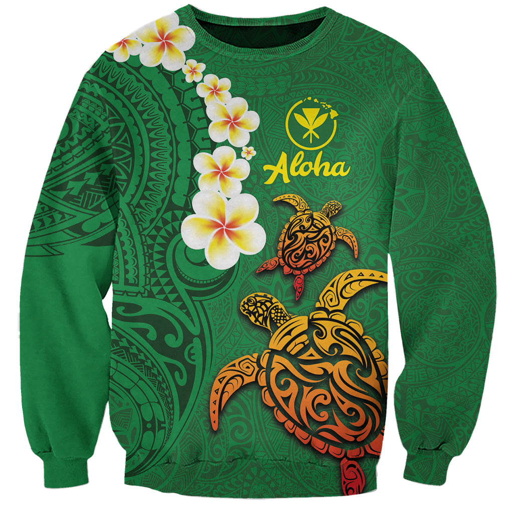 Hawaii Turtle Plumeria Flower Sweatshirt Polynesian Pattern Green Color