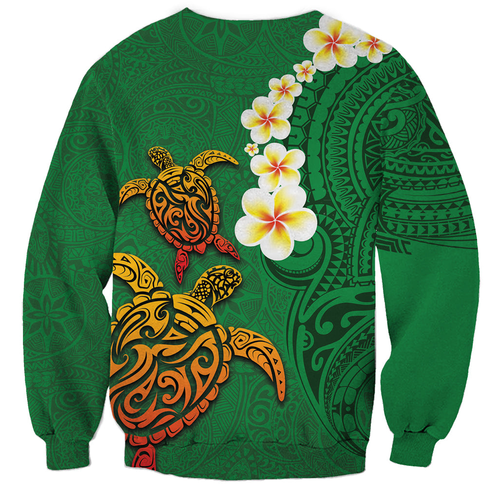 Hawaii Turtle Plumeria Flower Sweatshirt Polynesian Pattern Green Color