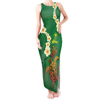 Hawaii Turtle Plumeria Flower Tank Maxi Dress Polynesian Pattern Green Color
