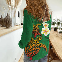 Hawaii Turtle Plumeria Flower Women Casual Shirt Polynesian Pattern Green Color
