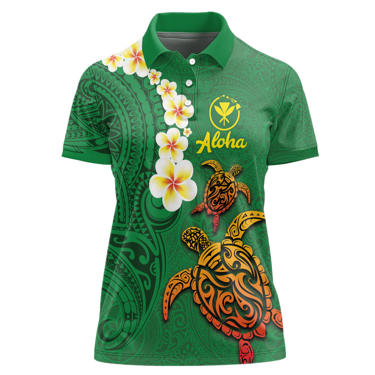 Hawaii Turtle Plumeria Flower Women Polo Shirt Polynesian Pattern Green Color