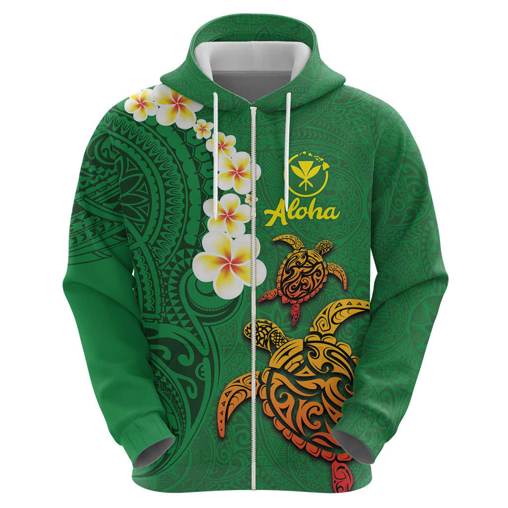 Hawaii Turtle Plumeria Flower Zip Hoodie Polynesian Pattern Green Color