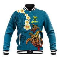 Hawaii Turtle Plumeria Flower Baseball Jacket Polynesian Pattern Blue Color LT03 Unisex Blue - Polynesian Pride