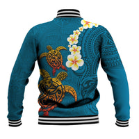 Hawaii Turtle Plumeria Flower Baseball Jacket Polynesian Pattern Blue Color LT03 - Polynesian Pride