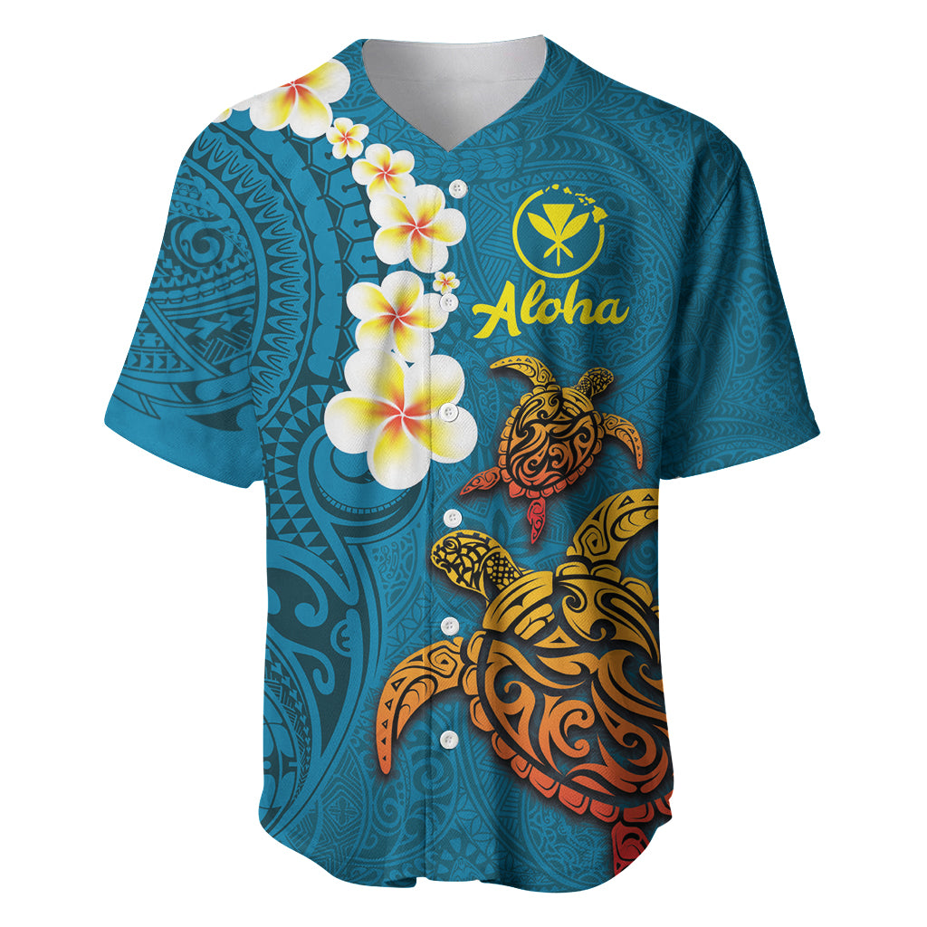 Hawaii Turtle Plumeria Flower Baseball Jersey Polynesian Pattern Blue Color LT03 Blue - Polynesian Pride