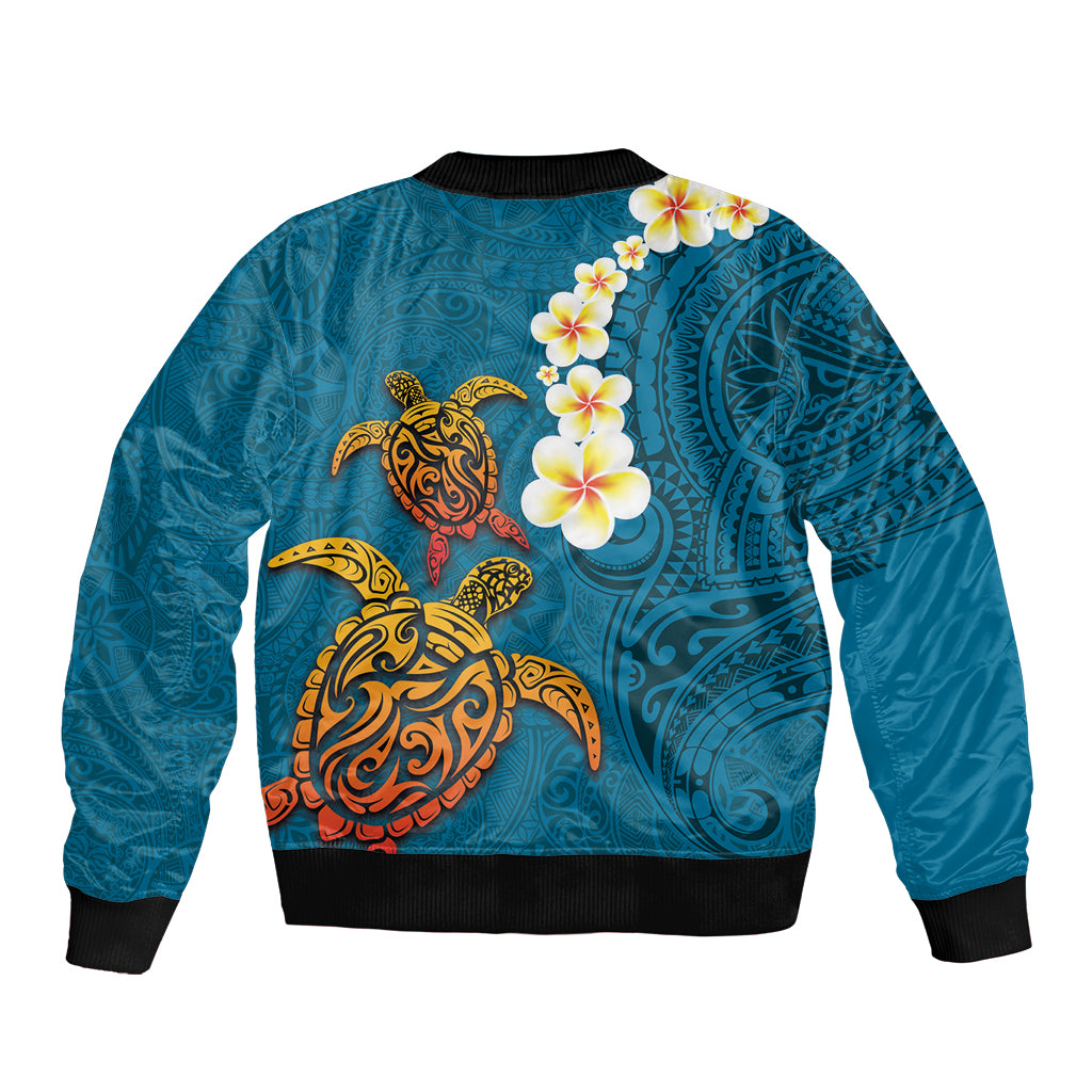 Hawaii Turtle Plumeria Flower Bomber Jacket Polynesian Pattern Blue Color