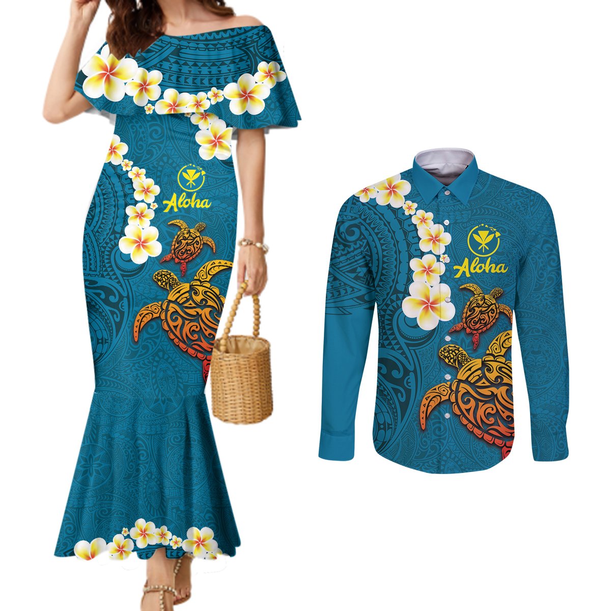 Hawaii Turtle Plumeria Flower Couples Matching Mermaid Dress and Long Sleeve Button Shirt Polynesian Pattern Blue Color LT03 Blue - Polynesian Pride