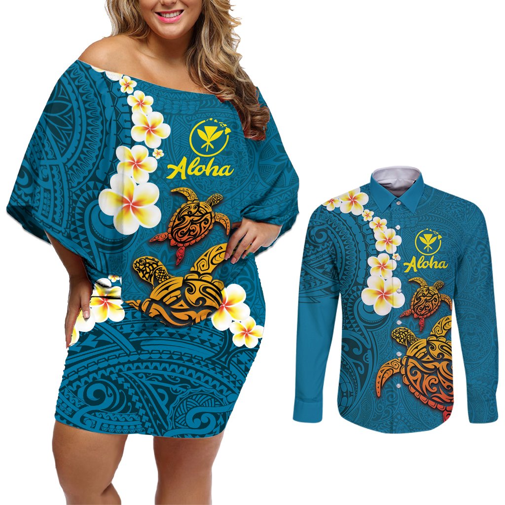 Hawaii Turtle Plumeria Flower Couples Matching Off Shoulder Short Dress and Long Sleeve Button Shirt Polynesian Pattern Blue Color LT03 Blue - Polynesian Pride