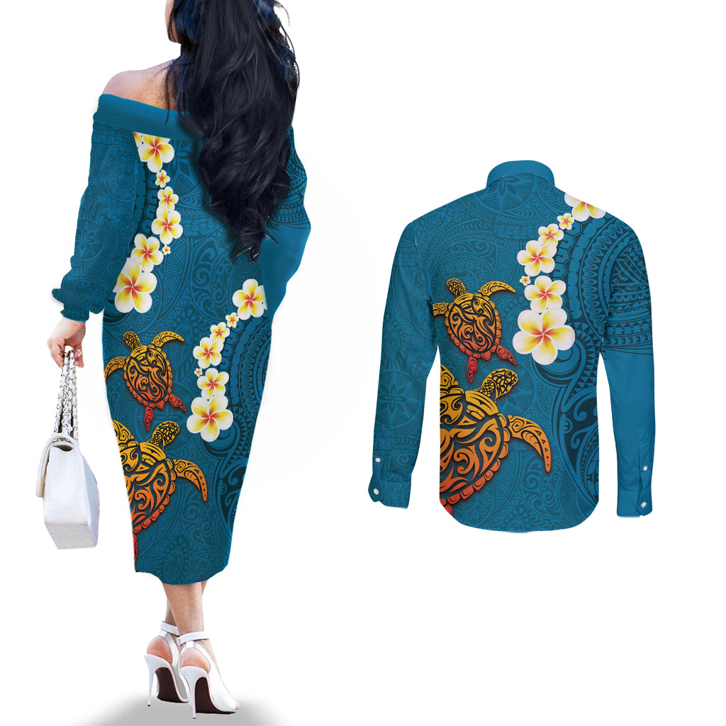 Hawaii Turtle Plumeria Flower Couples Matching Off The Shoulder Long Sleeve Dress and Long Sleeve Button Shirt Polynesian Pattern Blue Color LT03 - Polynesian Pride
