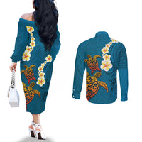 Hawaii Turtle Plumeria Flower Couples Matching Off The Shoulder Long Sleeve Dress and Long Sleeve Button Shirt Polynesian Pattern Blue Color LT03 - Polynesian Pride