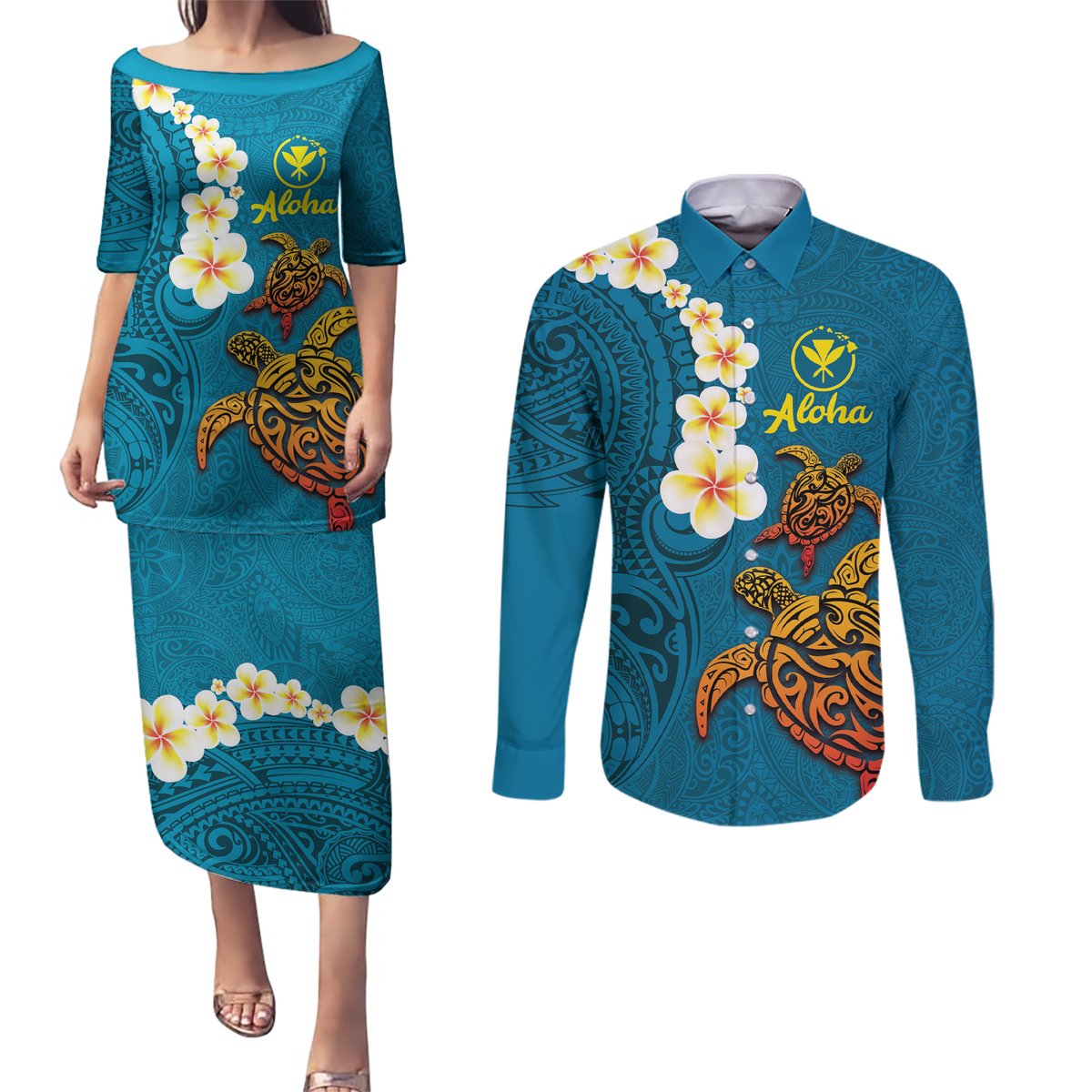 Hawaii Turtle Plumeria Flower Couples Matching Puletasi and Long Sleeve Button Shirt Polynesian Pattern Blue Color