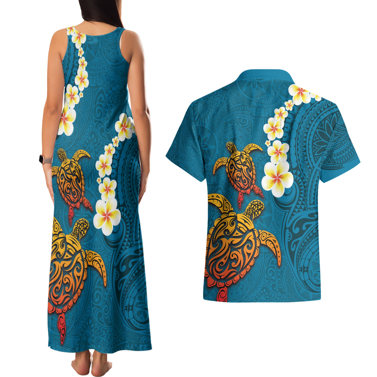 Hawaii Turtle Plumeria Flower Couples Matching Tank Maxi Dress and Hawaiian Shirt Polynesian Pattern Blue Color LT03 - Polynesian Pride