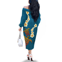 Hawaii Turtle Plumeria Flower Family Matching Off The Shoulder Long Sleeve Dress and Hawaiian Shirt Polynesian Pattern Blue Color