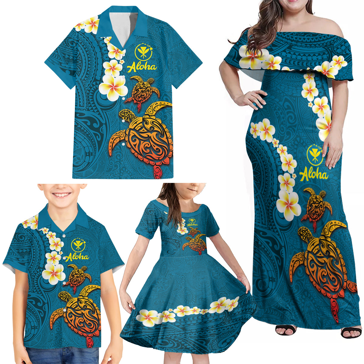 Hawaii Turtle Plumeria Flower Family Matching Off Shoulder Maxi Dress and Hawaiian Shirt Polynesian Pattern Blue Color LT03 - Polynesian Pride