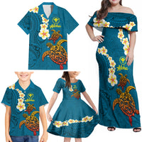 Hawaii Turtle Plumeria Flower Family Matching Off Shoulder Maxi Dress and Hawaiian Shirt Polynesian Pattern Blue Color LT03 - Polynesian Pride