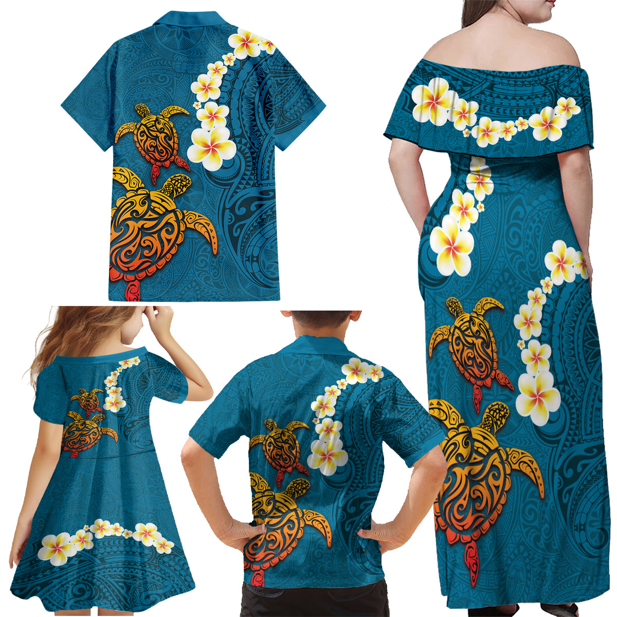 Hawaii Turtle Plumeria Flower Family Matching Off Shoulder Maxi Dress and Hawaiian Shirt Polynesian Pattern Blue Color LT03 - Polynesian Pride