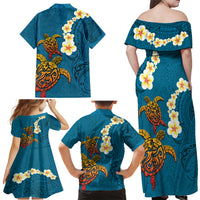 Hawaii Turtle Plumeria Flower Family Matching Off Shoulder Maxi Dress and Hawaiian Shirt Polynesian Pattern Blue Color LT03 - Polynesian Pride